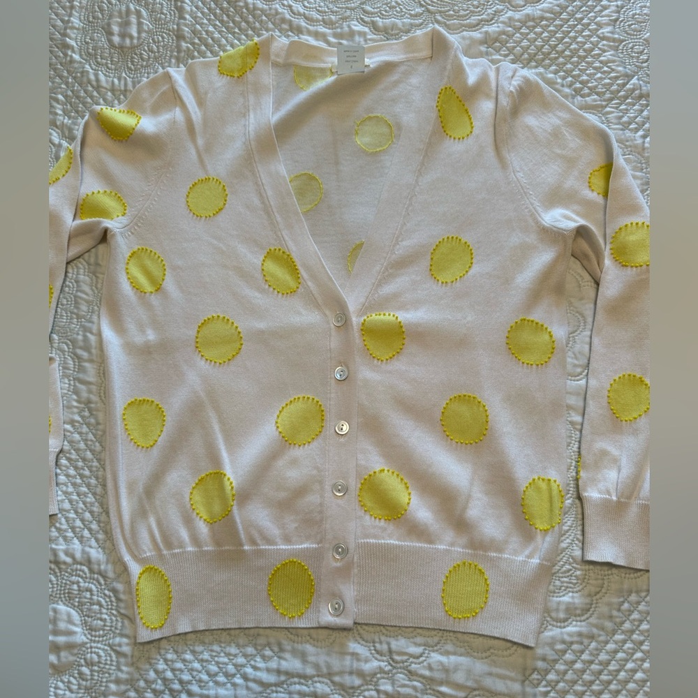 JCrew cotton cardigan with beading ivory yellow dots XS